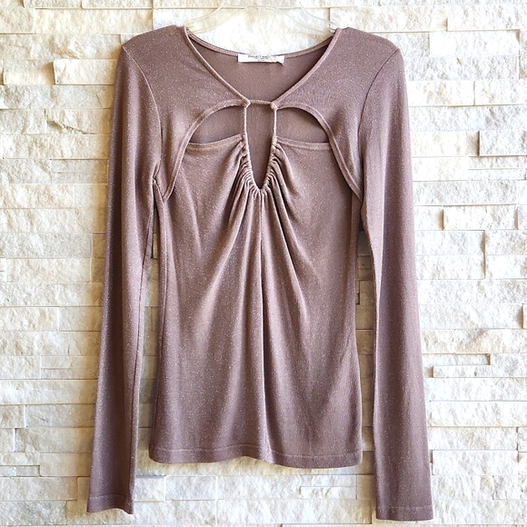 NWT Project Social T Womens Cassidy Cut Out Long Sleeve Lurex Brown Top Size M - Picture 2 of 6